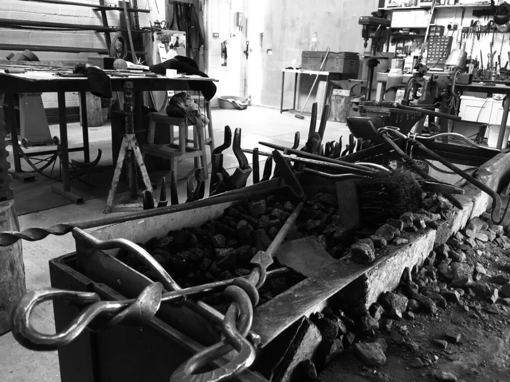 The blacksmithing workshop with forge where I run my blacksmithing and creative metal work courses